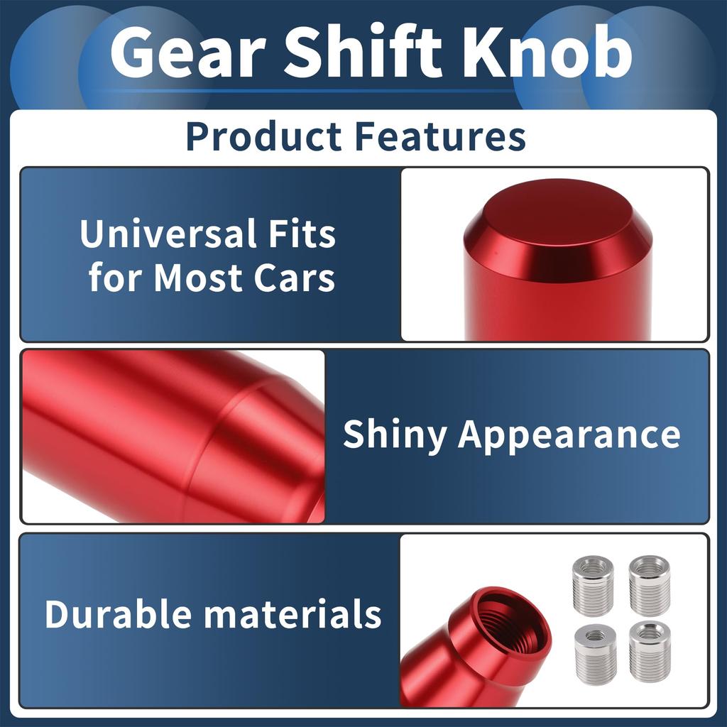 Hihaha Car Shift Knob Universal for with Gear Shifter Adapters 1 Set 76.2mm Manual/Automatic Vehicles, Red, (M8x1.25 & M10x1.25 & M10x1.5 &