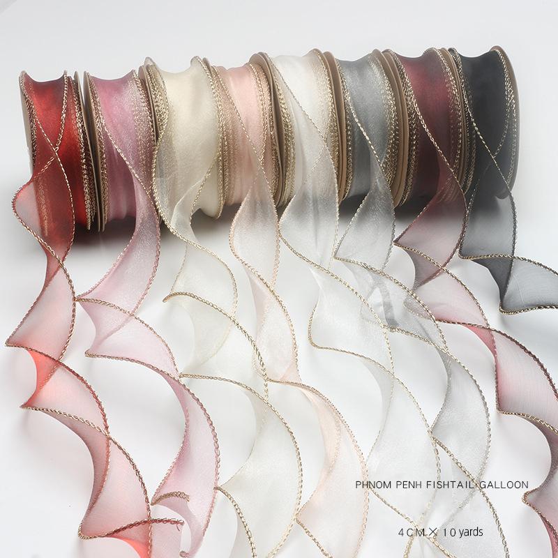 10Yards 40mm Golden Wavy Edge Chiffon Ribbon DIY Accessories Ribbon for Bows Bouquets Gift Wrapping Sewing Clothes Materials