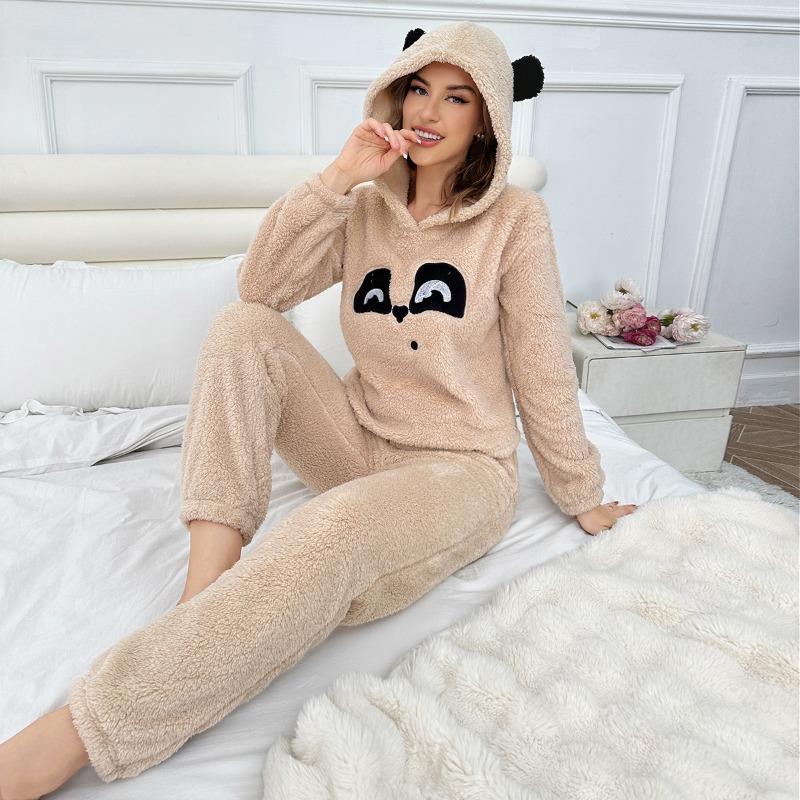 Beige Bear Women Pajamas Sets Autumn Winter Long Sleeves Long Pants Hooded Sleepwear Flannel Pijamas Cute Pyjamas Soft Pjs Comfy