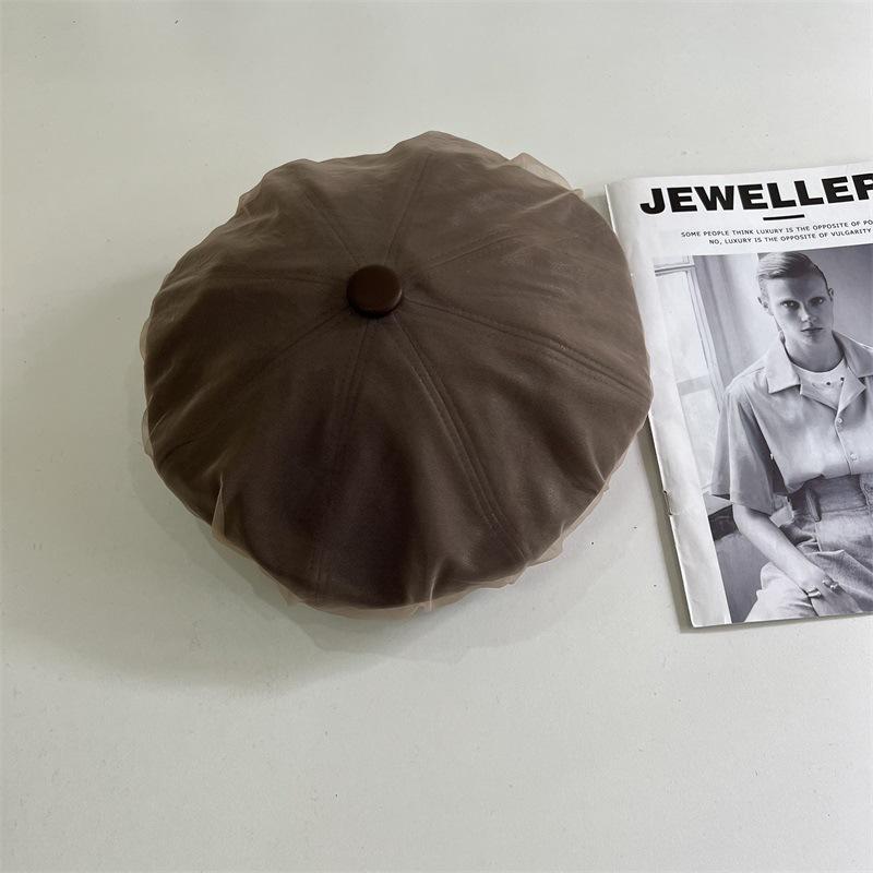 Autumn and Winter New PU Leather Mesh Yarn Brimeless Octagonal Beret Women's Leisure Show Face Small Painter Hat Fashionable