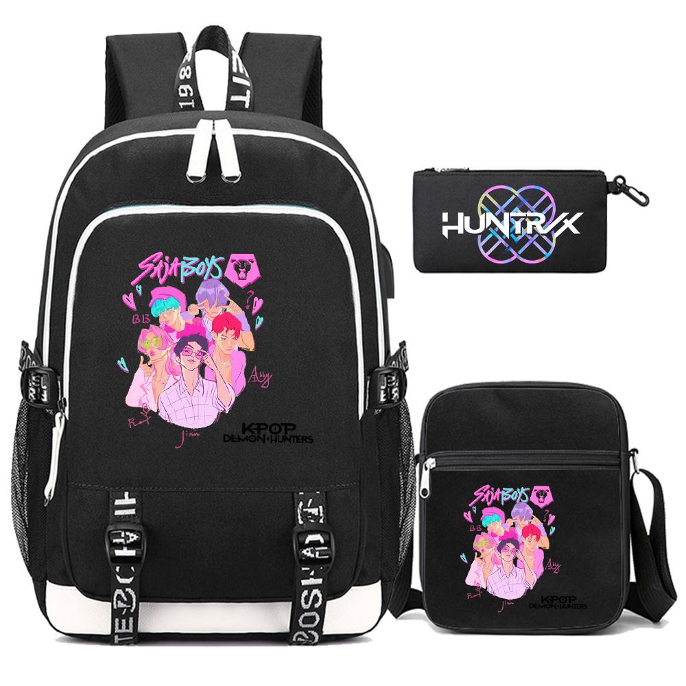 3Pcs/set Anime Cartoon Kpop Printed Backpack with Shoulder Bag Pencil Case for Teenager Girl Boy Bookbag Large Capacity Waterproof Travel Bag Kid Gift