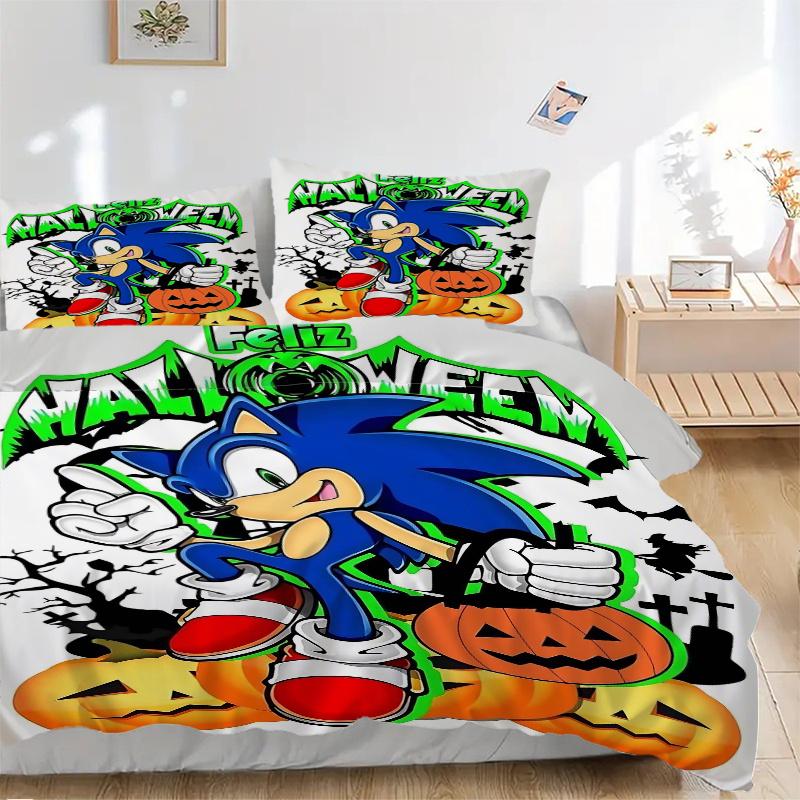 3pcs Halloween Fun with Sonic Quilt Cover Set - Soft and Cozy Bedroom, Guest Room and Dorm Decorative Bedding 3-Piece Set 1 Quilt Cover + 2 Pillo
