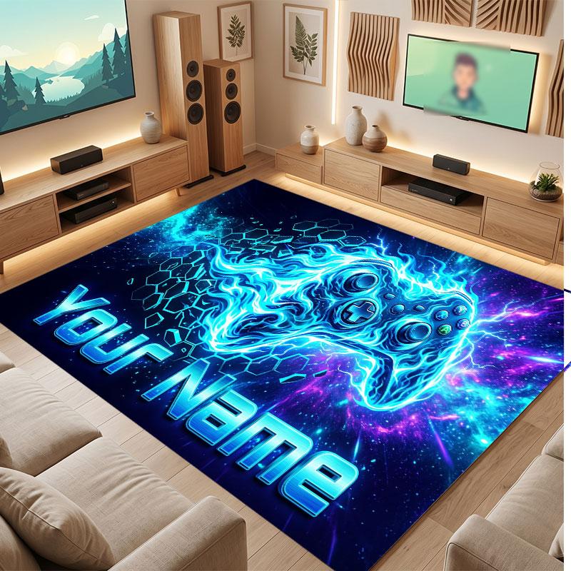 Game Controller Theme Crystal Velvet Floor Rug Personalized Custom Name Text Warm Carpet Home Decoration