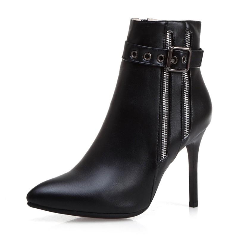 Womens Pointed Toe Stiletto Ankle Boots Side Zip Belt Buckle Short Winter Fashion Plus Size 34-50