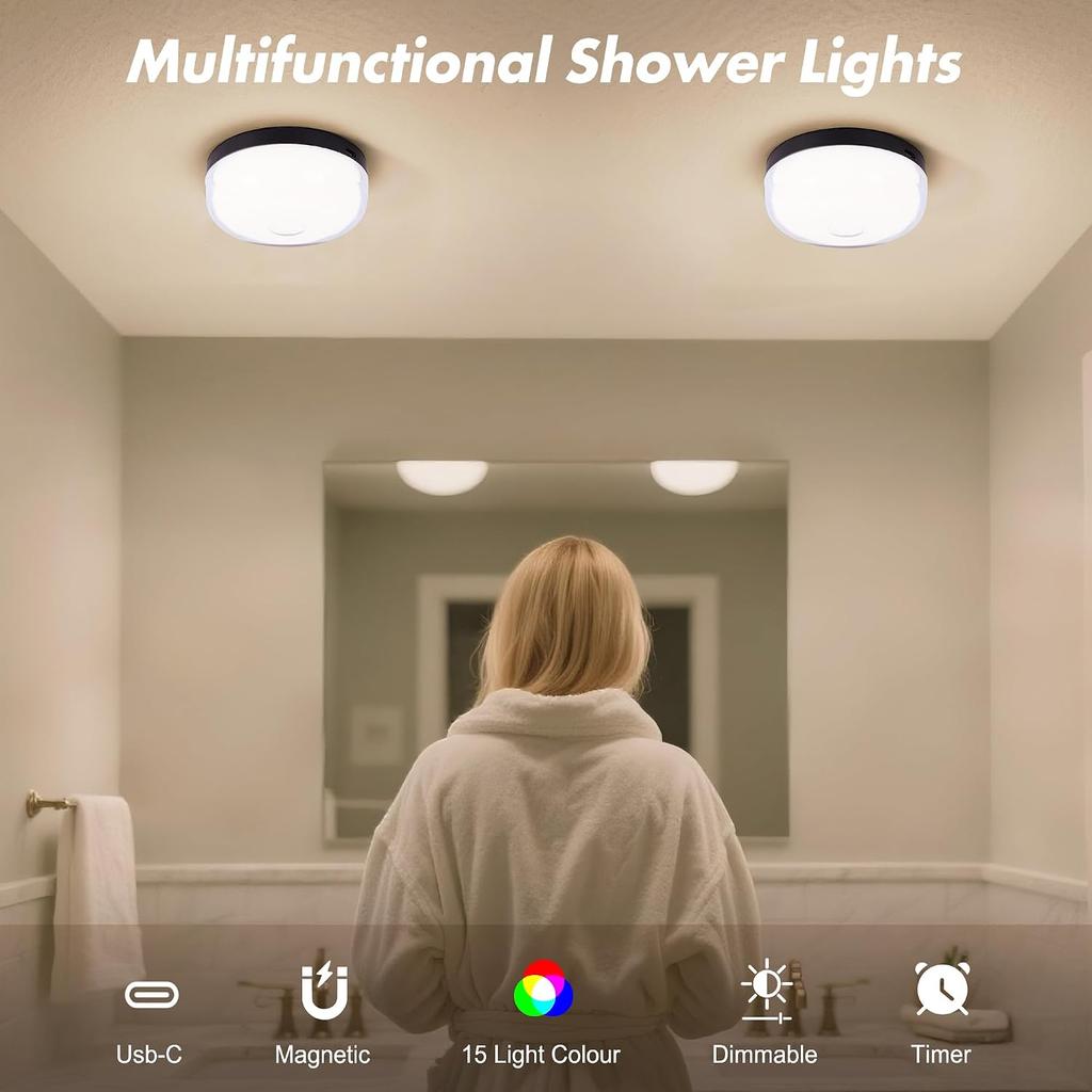 2-Pack Waterproof Shower Lights for Inside Shower, Rechargeable Shower Lamp | 15 RGBW Color Mood Lighting with Remote Dimmable&Timer, LED Wireless