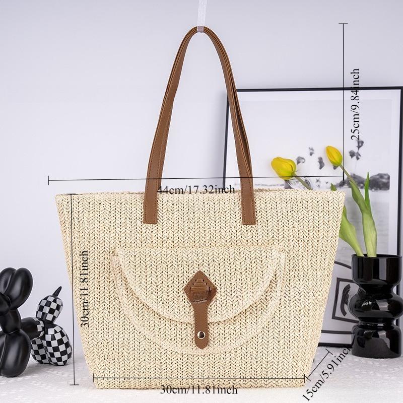 Ins Simple Fashion Straw Woven Bag Shoulder Paper Rope Pastoral Style Handmade Weaving Bag Lady Beach Bag Large Capacity Women