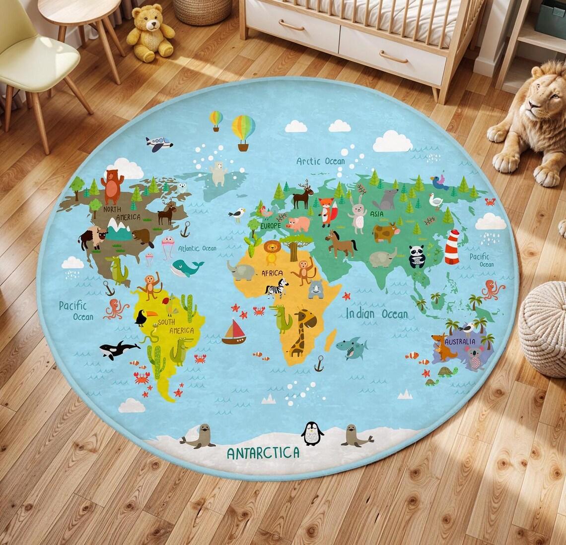

Kid Play Mat Creative Cartoon Animal World Map Round Rug Living Room Kid s Play Rug Kid Room Bedside Rug Nursery Room Floor Mat 80cm x 80cm
