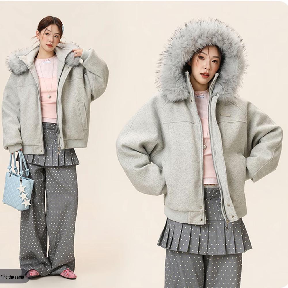 

Eagle Carved Fur Collar Wool Blend Jacket - Winter Casual Patchwork for Couples 2XL (recommended 150-180 jin) хізер сірий колір