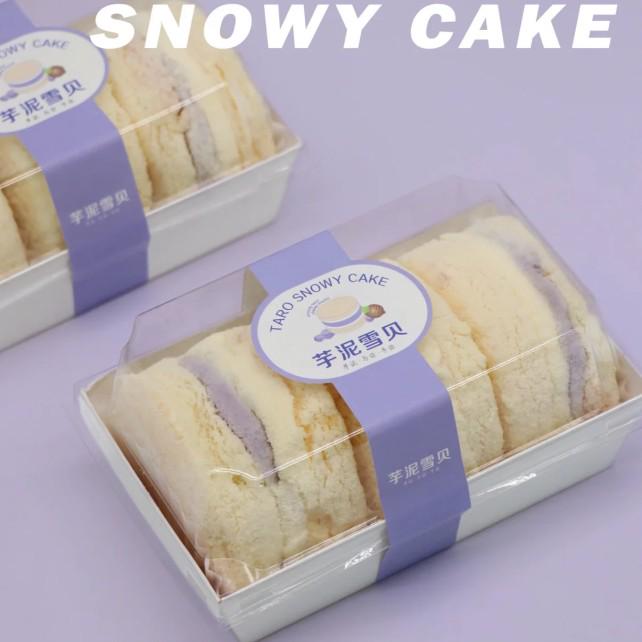 Taro Mousse Kuchenrolle Selbstklebende Aufkleber Dessertbox mit Schneeschalen-Design