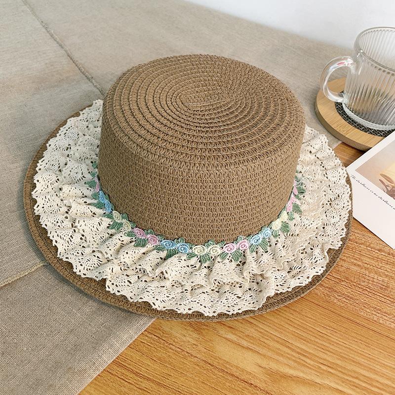 Lace Straw Hat Women's Summer Sweet Versatile Big Eaves Sunscreen Hat Outdoor Holiday Sun Hat
