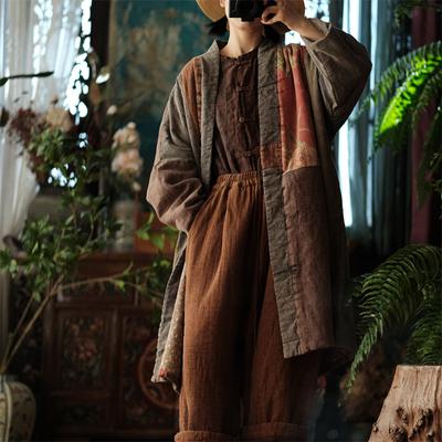 Kadınlar Vintage Patchwork Renk Kış Parkas Gevşek Uzun Kollu Sıcak Mont Keten Artı Pamuk Kadın Uzun Parkas