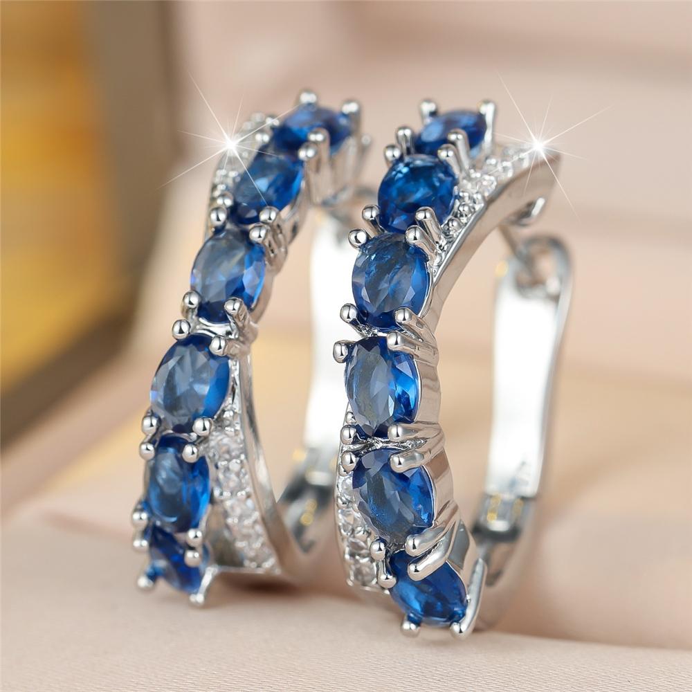 Elegant Female Big Oval Blue Zircon Stone Hoop Earrings Trendy Fashion Silver Color Wedding Jewelry For Women