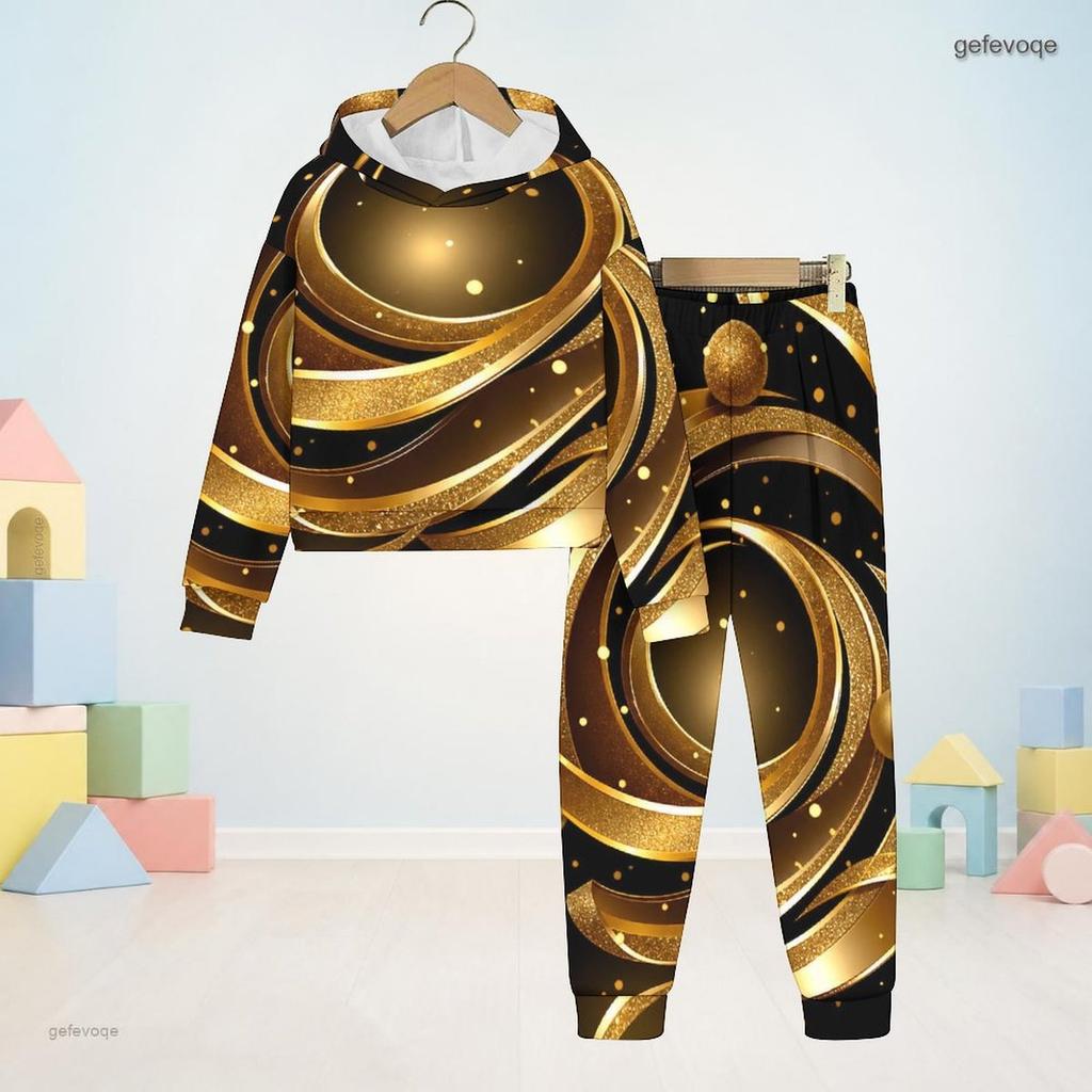 Kids Boys Girls Black Printed Tree Floral Hooded Long Sleeve Sweatshirt Cuffed Pants Two Piece Set