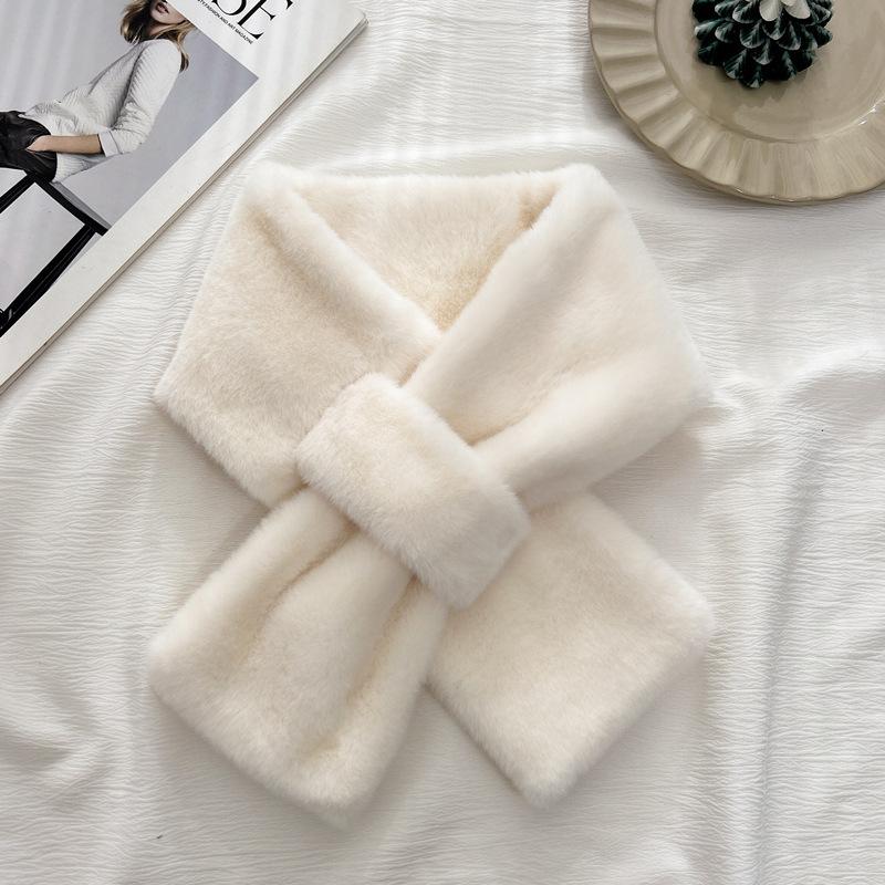1Pc Winter Plush Cross Solid Color Scarf Fur Collar Women Thickened Warm Winter Scarf Neck Protection Scarf