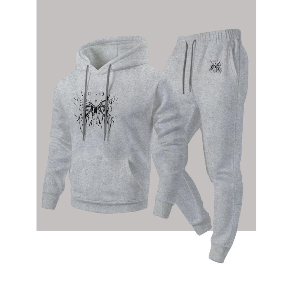 Dark Thorn Print Hooded Sweatshirt Set Drawstring Sweatpants Two Piece Set Loose Casual Sports Style Trendy Men's Clothing