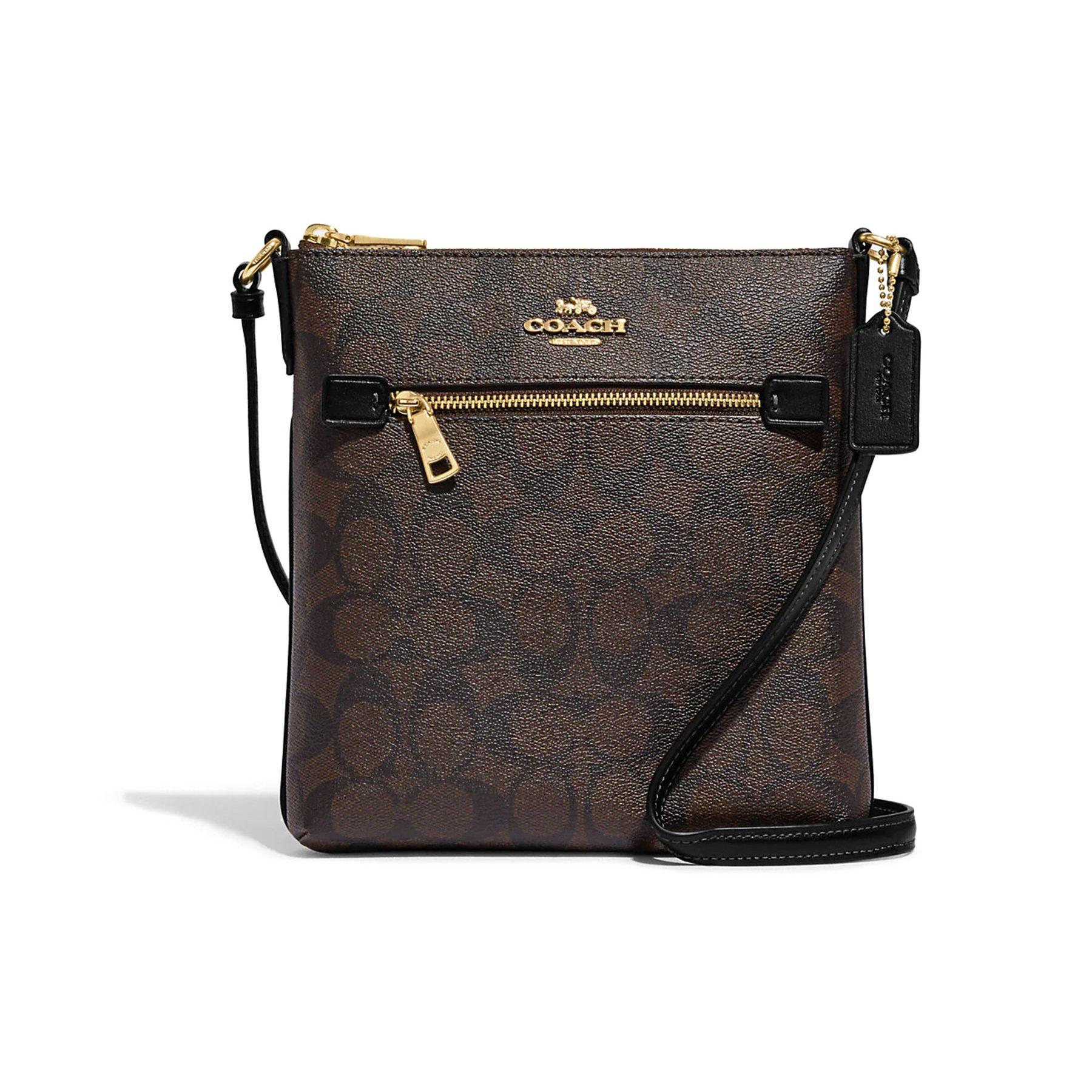

Coach Brown Signature Canvas Crossbody Messenger Bag With Black Leather Trim & Gold Hardware For Daily Use Basic Set (Bag+Dust Bag)