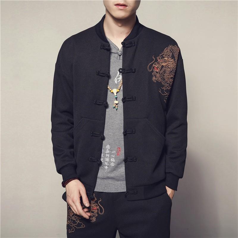 Mens Dragon Embroidery Stand Collar Jacket Plus Size Casual Outerwear Youth