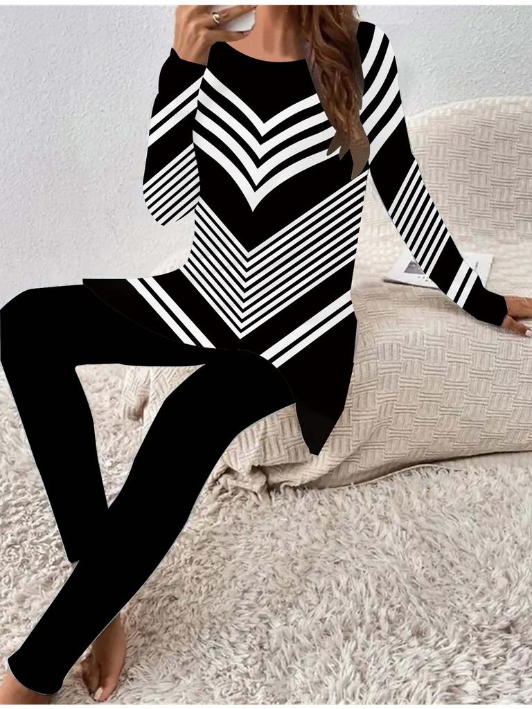 Moda Euro-Americana Estampado Geométrico 3D Feminino Conjunto de Duas Peças Camiseta de Manga Comprida para as Quatro Estações + Calças Compridas. Presente Perfeito para Ano Novo e Natal