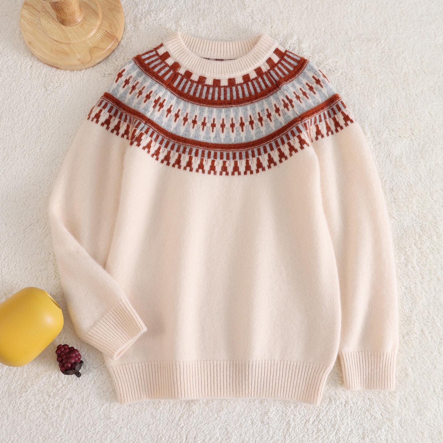 Premium Girls  Fair Isle Wool Sweater - Unisex, Pure Wool, Thick Knit Pullover 170