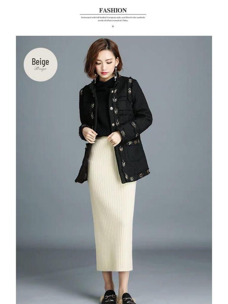 2021 Women's High-Waist Knitted Wool Skirt: Autumn/Winter, Thick, Long, Slim Fit, with Slit