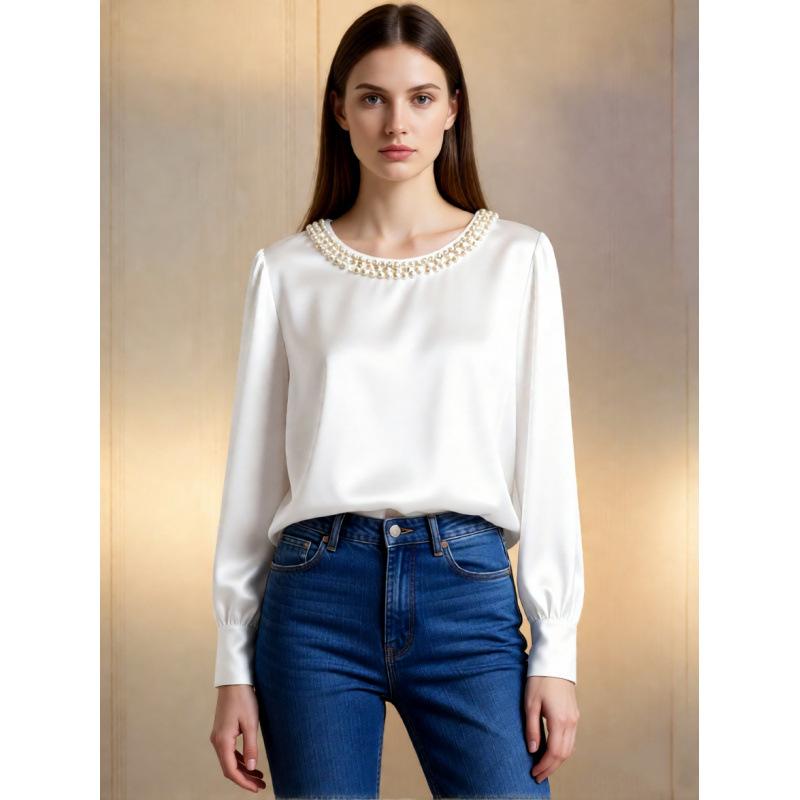 Camicetta da Donna in Raso con Scollo in Perle e Maniche Lunghe - Primavera
