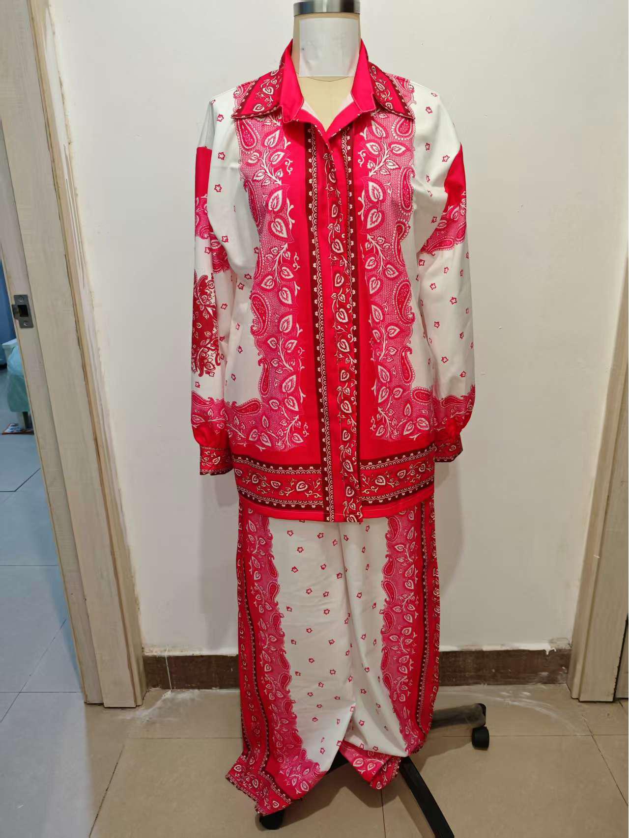 

2026 Red Jacquard Casual Suit & Printed Wide-Leg Pants Women s Two-Piece Set Extra Large