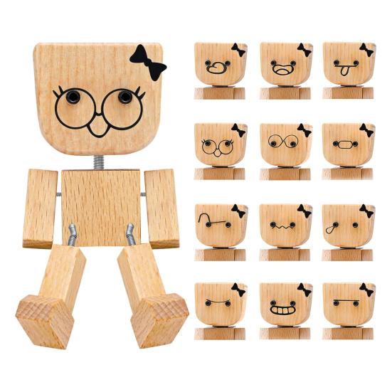 

1 Set Shaking Wooden Man Figurine with 12 Magnetic Expressions Handmade Shaking Feet Wooden Doll Car Dashboard Desktop Decoration A