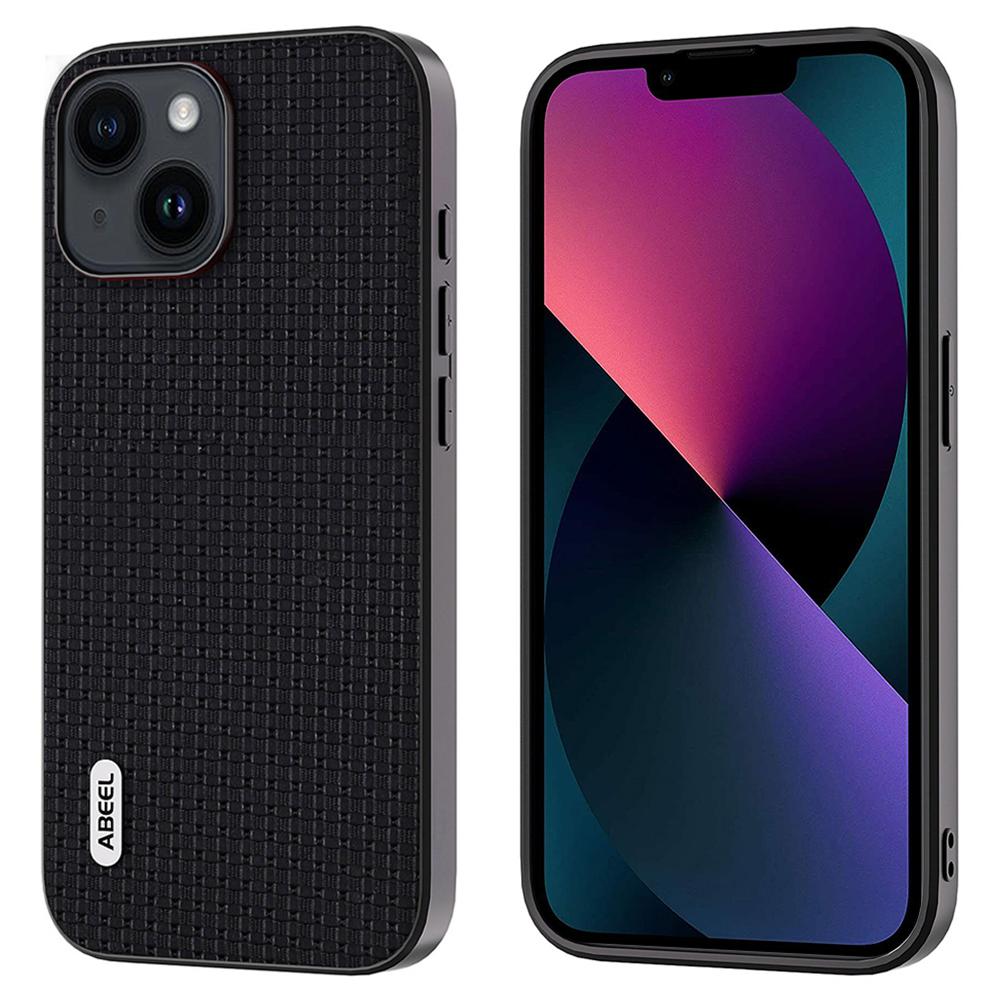

ABEEL For iPhone 13 Slim Thin Phone Case Cowhide Leather Coated PC+TPU Luxury Textured Cover Black
