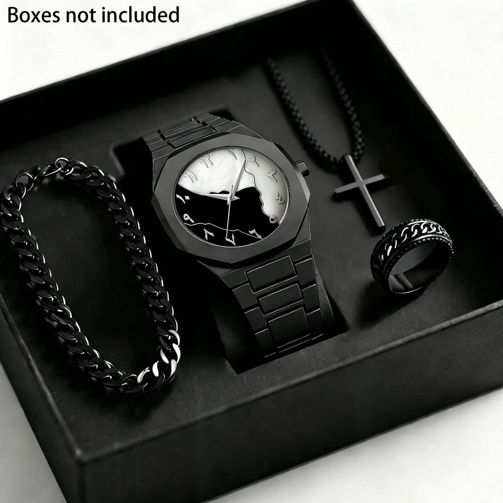 Trendiges Schwarzes Mode-Quarz-Armbanduhr & Schmuck-Set für Herren: Armband, Ring, Halskette und Geschenkbox