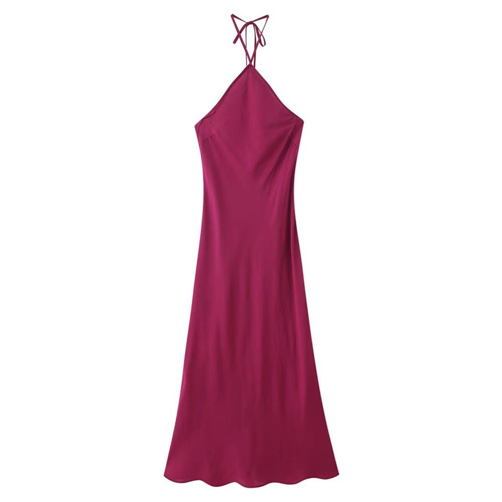 

2025 Spring Women s Backless Halter Neck Sleeveless Slim Long Dress M фуксия