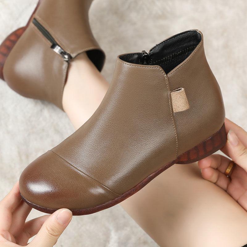 Soft leather super soft mother shoes spring and autumn soft sole comfortable short boots large size flat women's shoes middle-aged and elderly ro