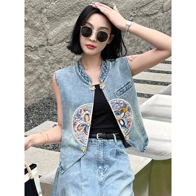 Summer Women's Embroidery Denim Vest, Bohemian Style Sleeveless Jean Jacket