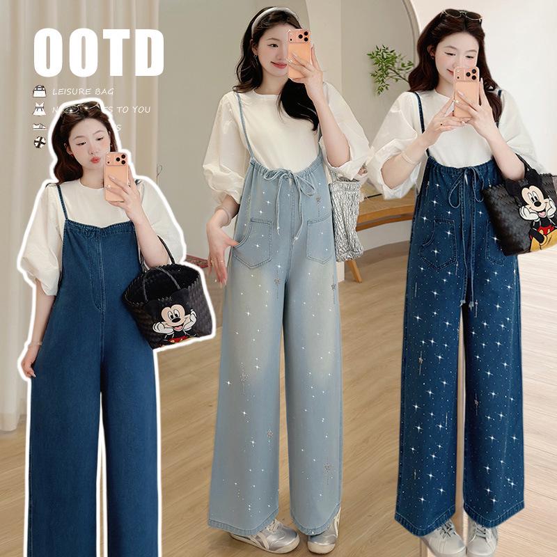 Spring/Summer 2026 Maternity Collection: Loose Rhinestone Wide-Leg Pants + Denim Overalls + Maternity Top 2XL