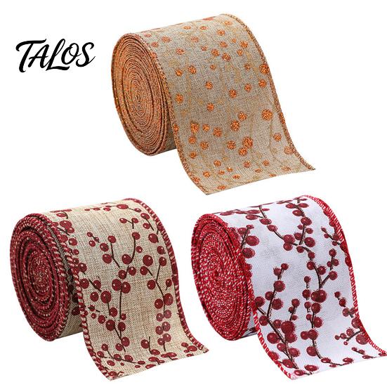 Red Berry Print Fabric Ribbon Christmas Ribbon, 2.2 Yards Imitation Linen 2.5 Inch Wide Holiday Theme Gift Box Packaging for DIY Wreath Bows