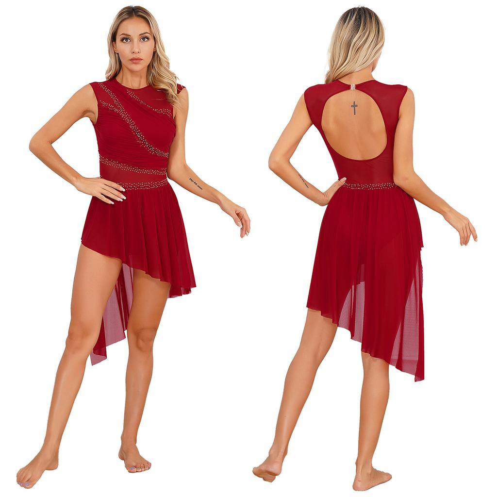 Frauen Lyrical Dance Kleid Strass Sheer Mesh Tüll Flowy Trikot Eiskunstlauf Tanz Kostüm