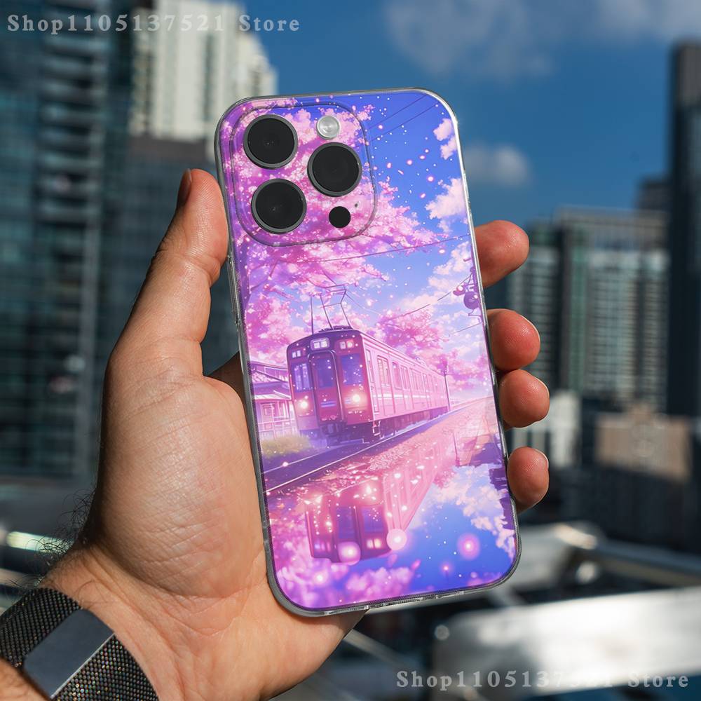 Coque de téléphone Train Fleur de Cerisier Art pour iPhone 17,16,15,14,13,12,11 Pro,Max,Plus,XR,Mini,E Transparente Couverture Complète Souple