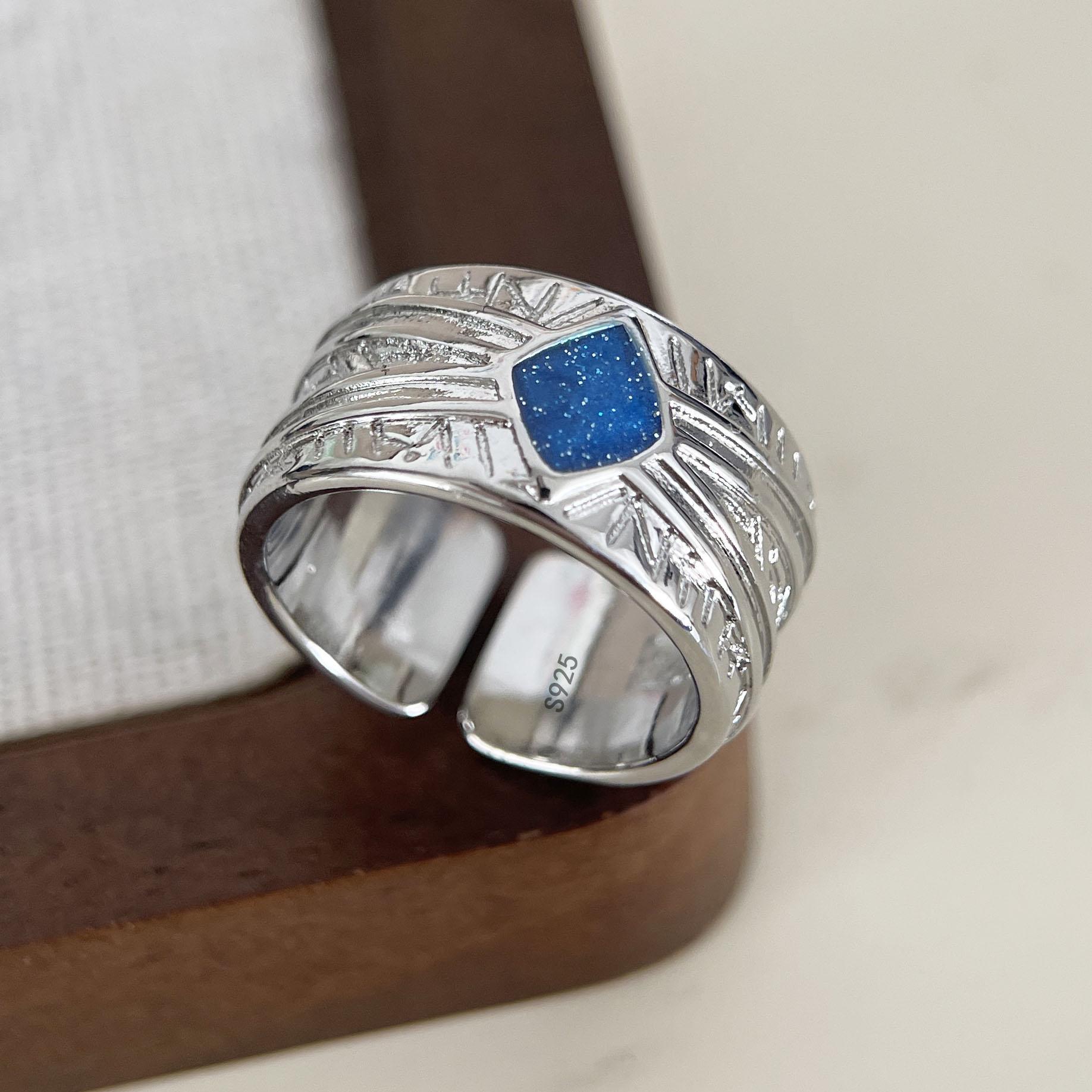 

BF CLUB 925 Sterling Rings for Women Simple Geometric Handmade Irregular Retro Vintage Wide Blue Ring Allergy For Birthday Gift resizable