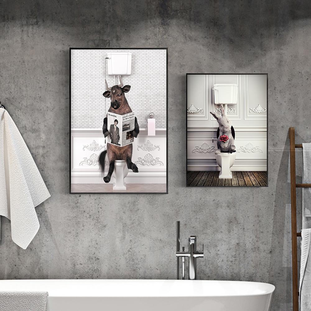 Tier Retro Bad Toilette Wand Kunst Leinwand Malerei Lustige Panda Dinosaurier Flamingo Badewanne Poster Druck Kinderzimmer Wohnkultur