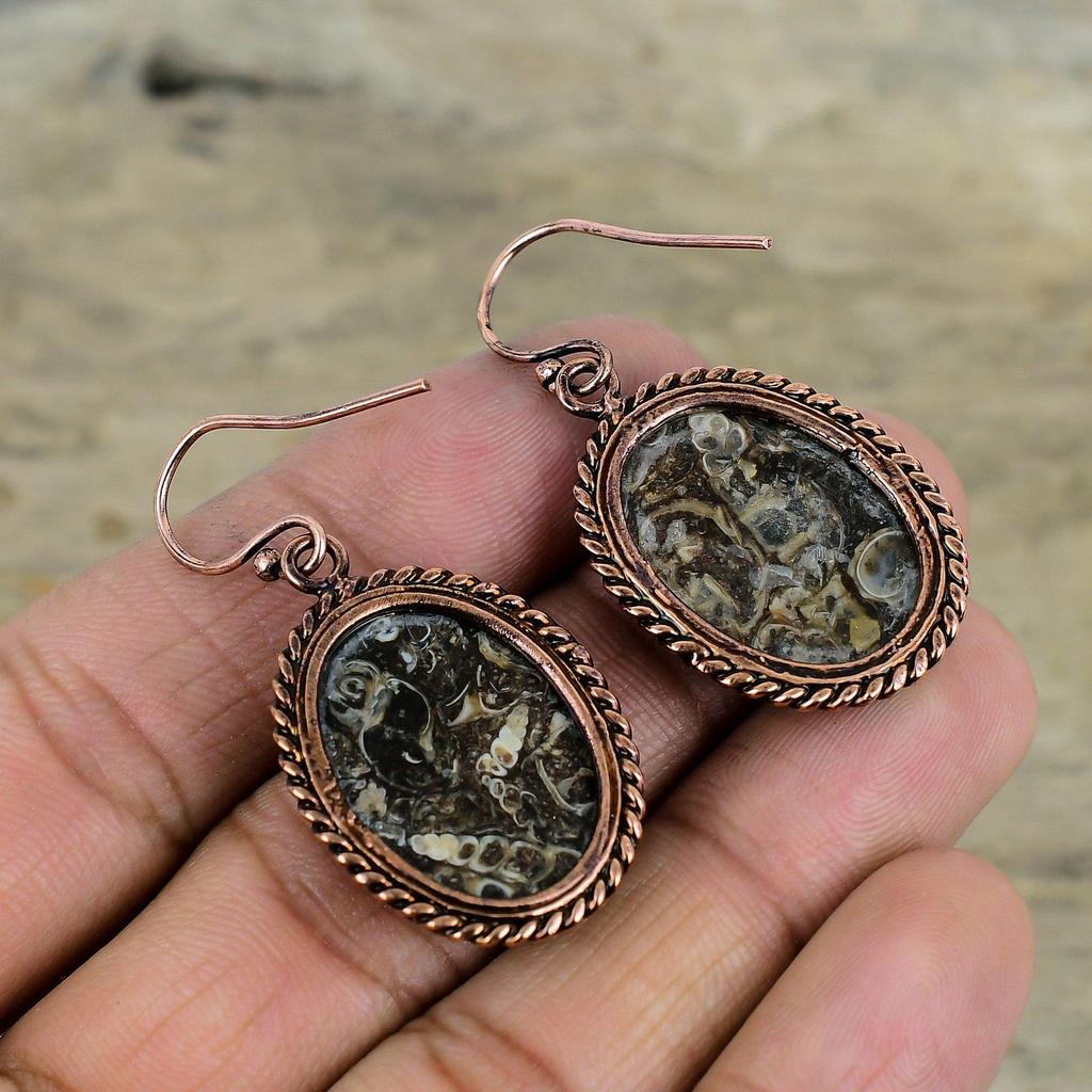Turritella Agate Earring Electroformed Copper Earrings Antique Jewelry Real Gemstone Earrings Gifts For Wife Handmade Electroformed Jewelry