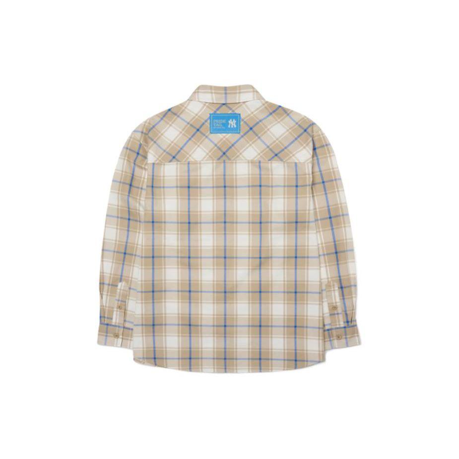 MLB New York Yankees Color Block Plaid Comfortable Casual Long Sleeve Shirt Unisex shirts Khaki 3AWS00221-50BGS