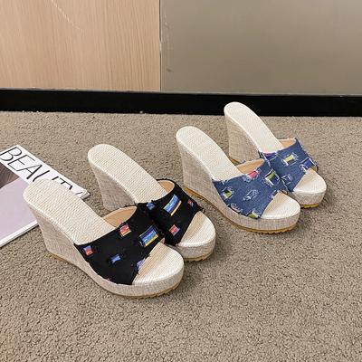 One Word with Slippers Women's Shoes 2025 New Foreign Trade Large Size Casual Denim Wedge Heel Thick Low Women's Slippers Women