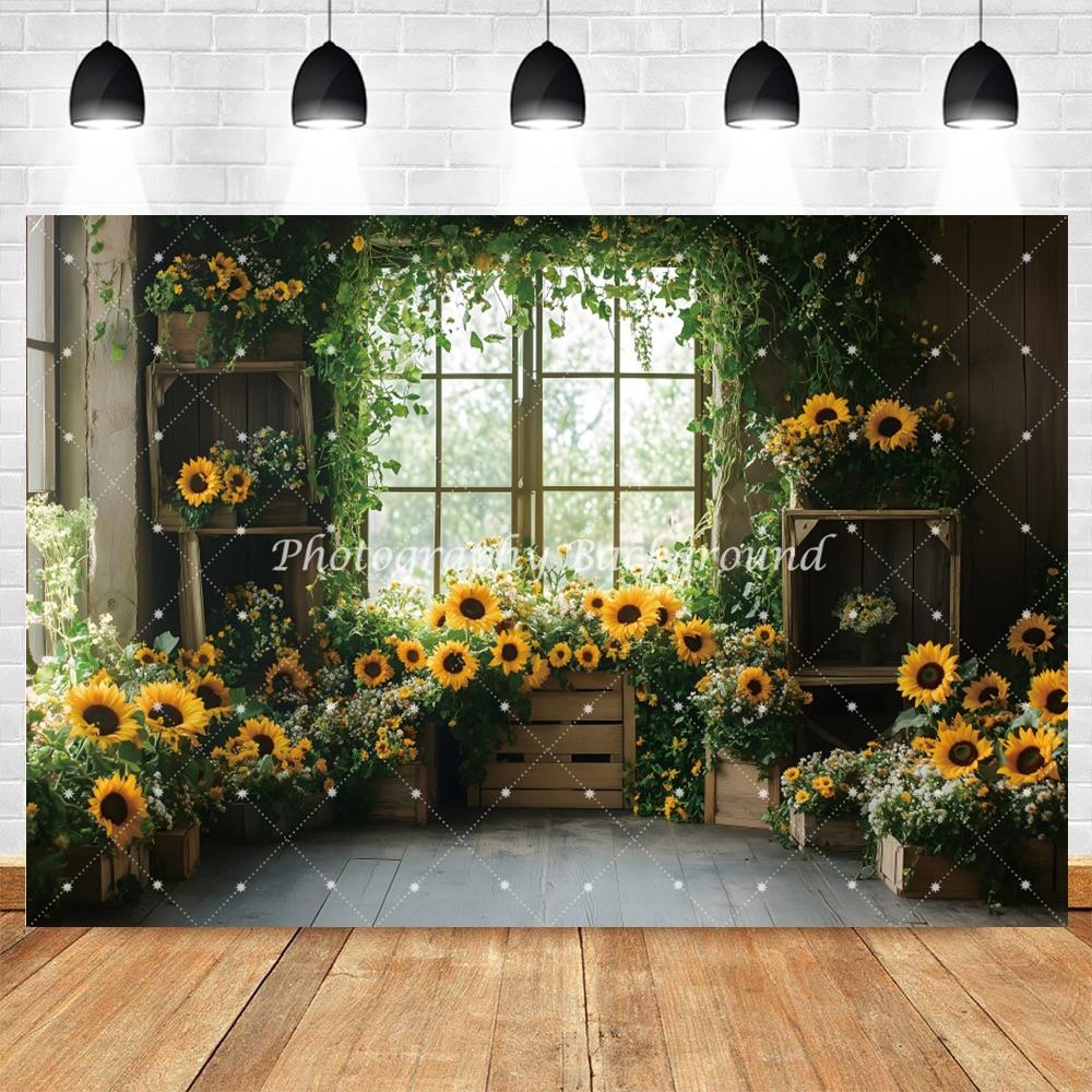 Spring Autumn Sunflower Flower Photography Background Window Sunshine Green Leaves Baby Birthday Kids Portrait Photo Backdrop