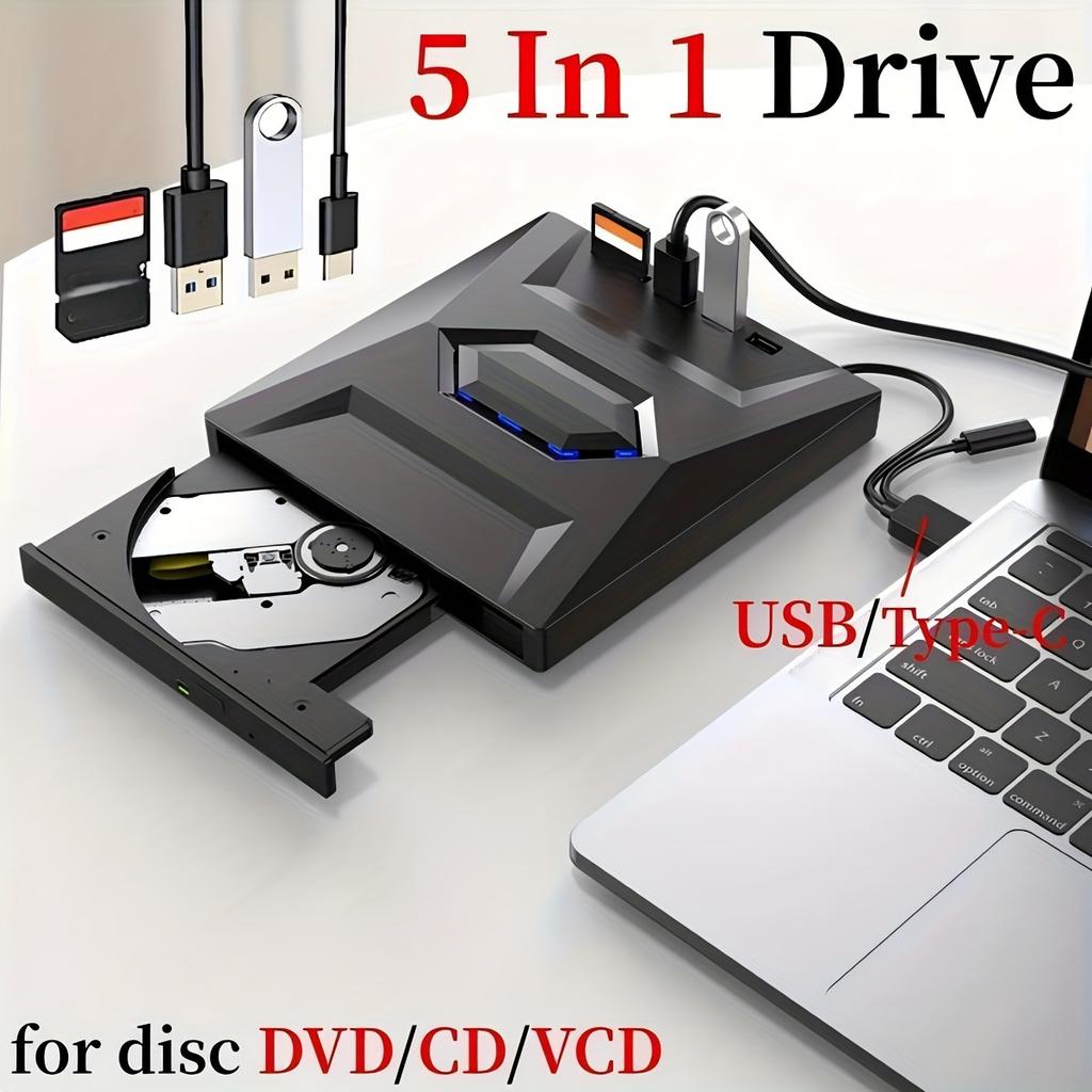 USB 3.0/Type-C External CD DVD Drive with SD/TF and USB 3.0 Slots, Optical DVD RW CD Drive Burner Reader