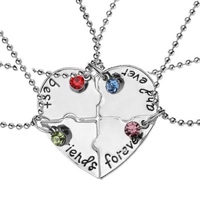 4Pcs/Set Best Friends Heart Matching Rhinestone Pendant Necklace Women Jewelry