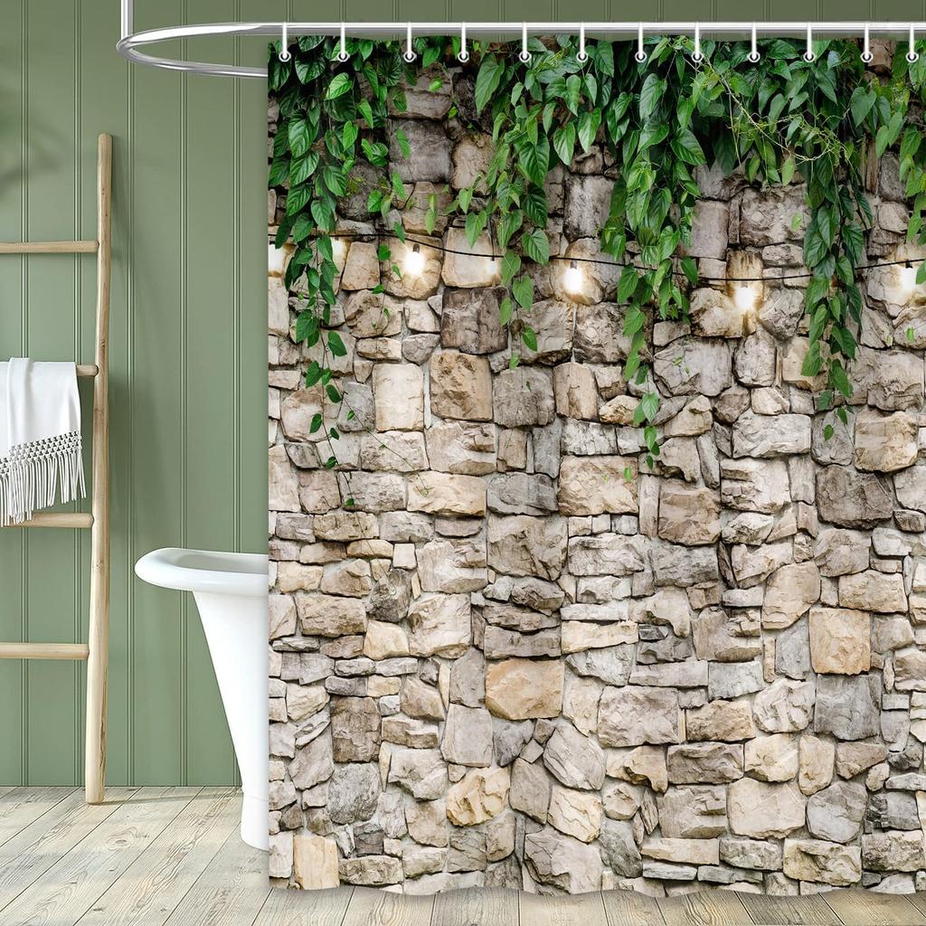 Stone Brick Wall Shower Curtain, Green Leaves Shower Curtain Set for Bathroom, Vintage 3D Vine with Lights Fabric Shower Curtain Restroom Bathtub