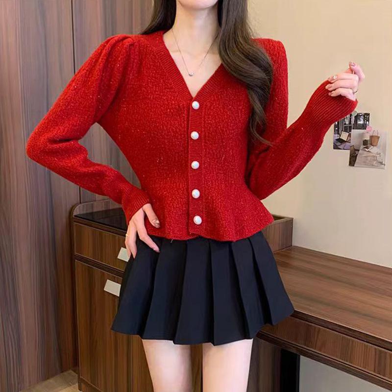 Spring Mermaid Hem Knitted Cardigan Top Women's New Korean Fashion Long Sleeved Pearl Buckle V-neck Sweater Jacket Women