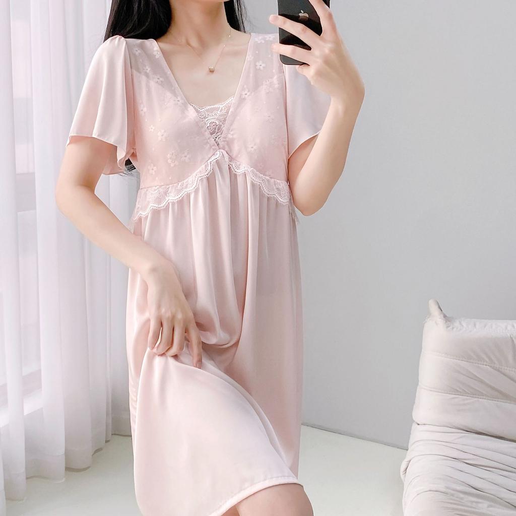 Summer padded nightdress for women, palace-style short-sleeve pajamas, lace, cute loose mid-length skirt, solid color loungewear