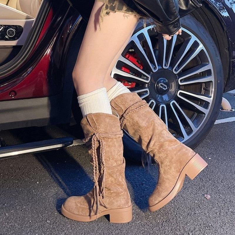 Herbst- und Winter Damen Schuhe und Stiefel Fransen dicker Absatz mittelhohe Stiefel Western Cowboy Stiefel Damen Stapel dünner Stiefel Damen