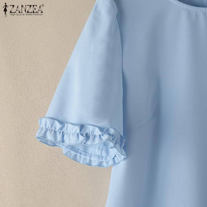 ZANZEA Women Casual Round Neck Summer Short Sleeve Blouse