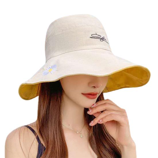 Women Summer Reversible Marguerite Embroidery Sun Protection Hat Fisherman Cap
